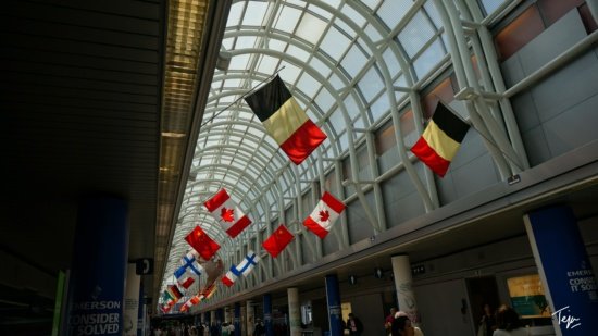 a group of flags from a ceiling