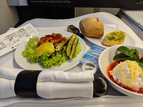 food on a tray on a plane