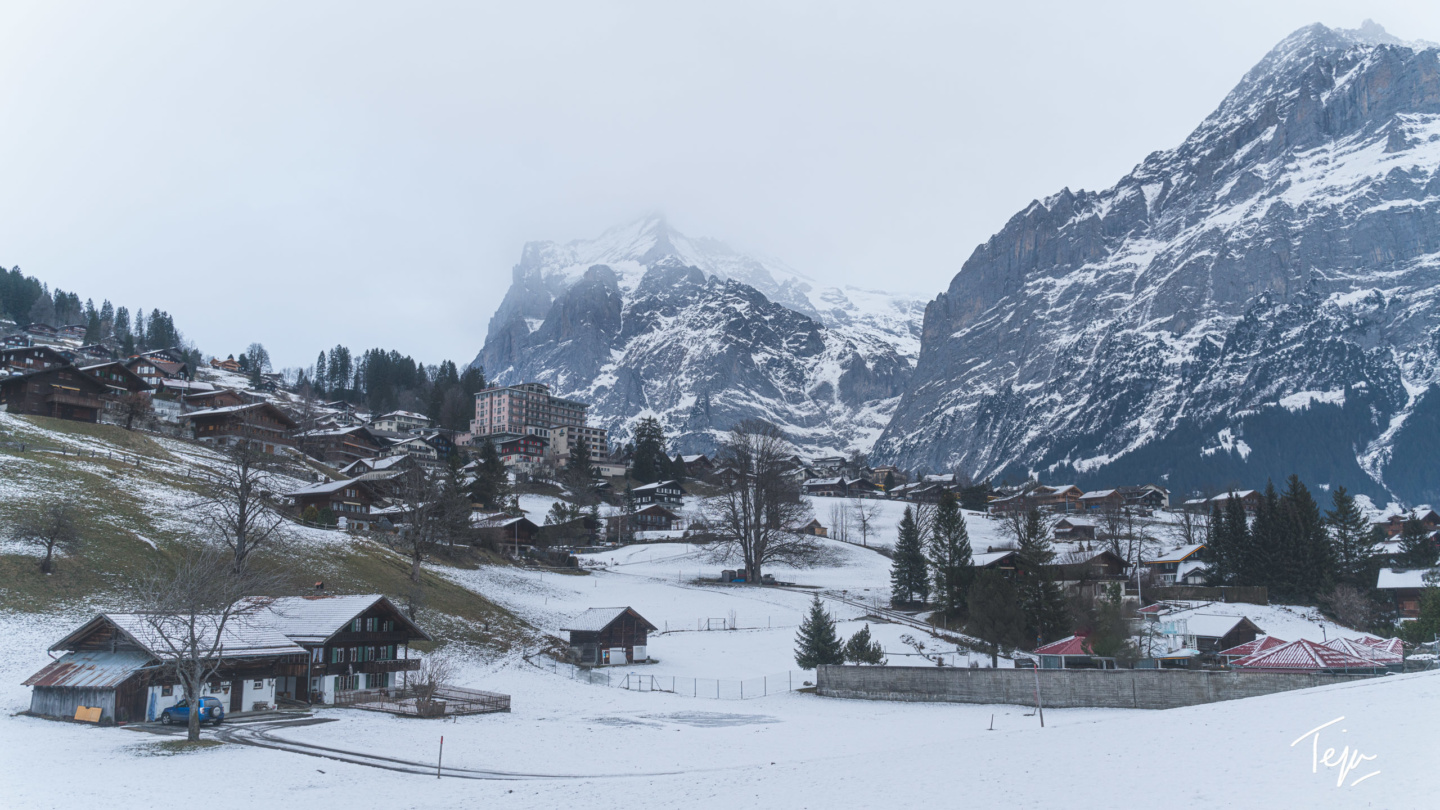a snowy mountain with buildings and trees