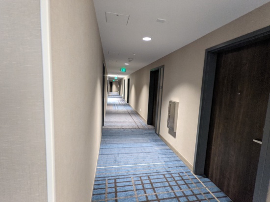 a long hallway with blue carpet and doors