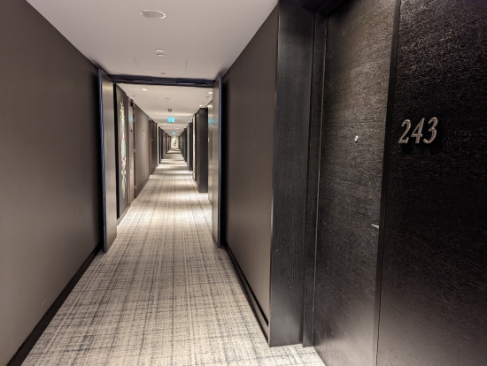 a long hallway with black doors and a white carpet