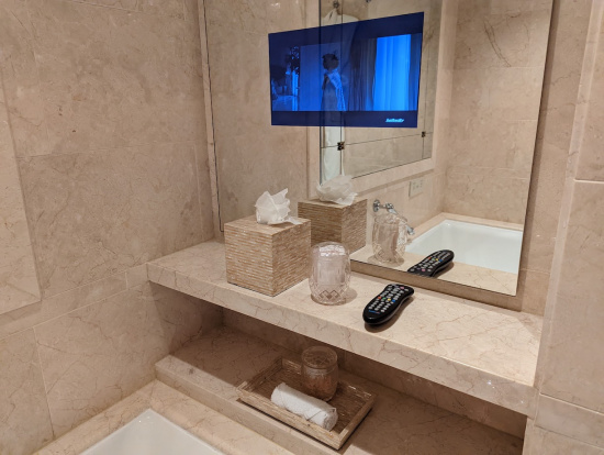 a bathroom with a television and a mirror