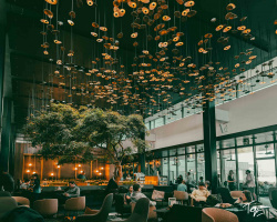 a group of people sitting in a room with a tree and people sitting in chairs