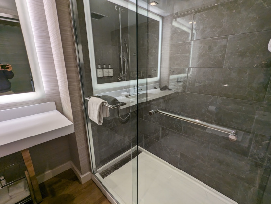 a bathroom with a glass shower