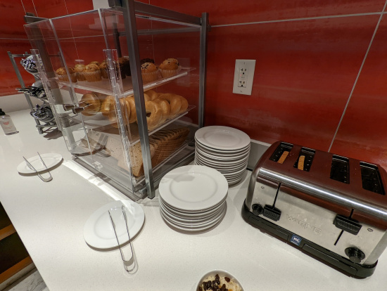 a bread and pastries on a counter