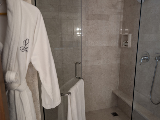 a shower with a bathrobe and a glass door