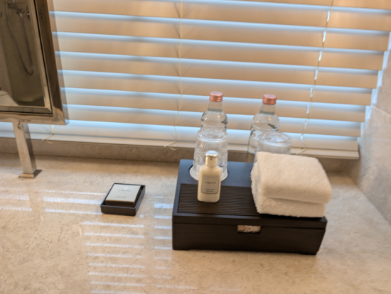 a bathroom items on a counter