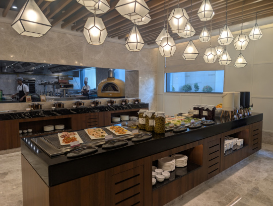 a buffet with food on the counter