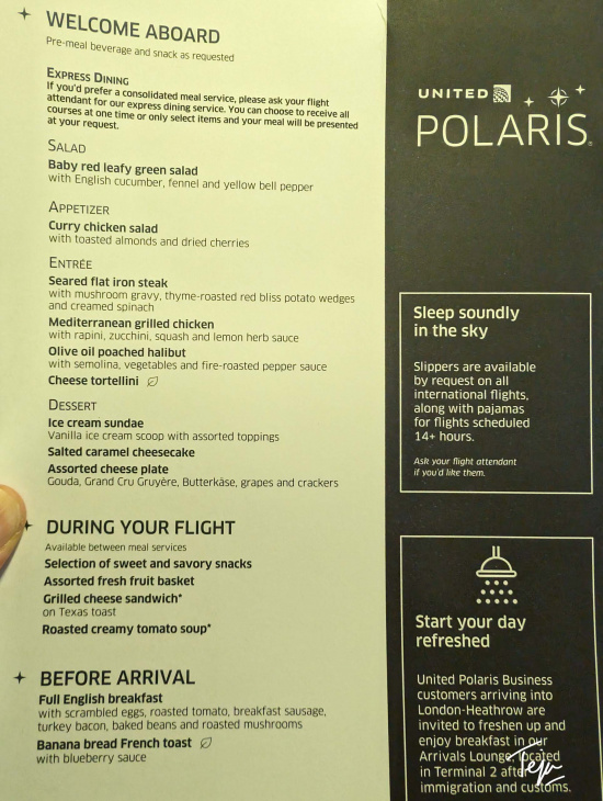 a menu of a flight