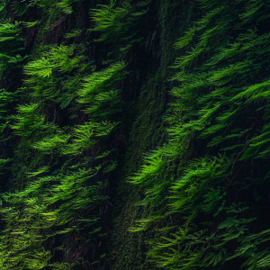 The image shows a close-up view of a lush green wall covered with ferns. The ferns are densely packed, creating a textured and vibrant natural pattern. The lighting highlights the rich green color of the leaves.