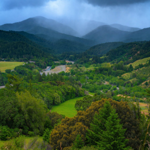 A lush, green valley with dense forests and a winding river is depicted in the image. The landscape is surrounded by rolling hills and mountains in the background, partially obscured by mist and dark, cloudy skies, suggesting an impending storm. The foreground features a variety of trees and grassy areas, creating a vibrant and serene natural scene.