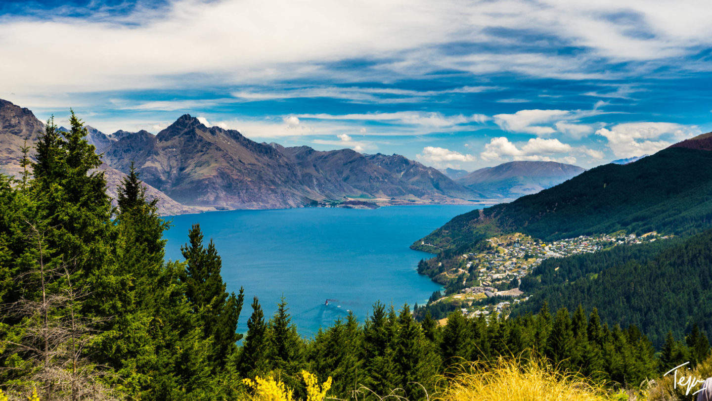 a body of water with trees and mountains in the background
